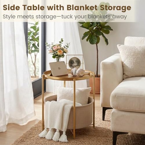 danpinera Gold Side Table with Basket, Small Round Table for Living Room | Metal Modern Nightstand for Small Space, Bedroom, Nursery, Accent Metal Stand with Removable Serving Tray, 20.47 in Tall