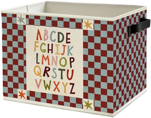 Alphabet Classroom Storage Bins Box with Handles, Red Blue Checkered Alphabet Educational Collapsible Basket Organizer for Classroom Toddler Kids Room Bedroom Bathroom Books Clothes