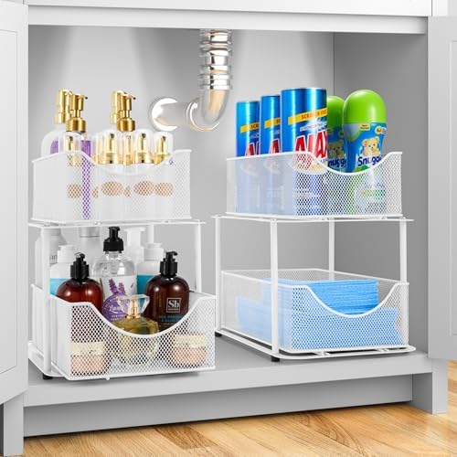 Sorbus Pull-Out Under Sink Organizer, Mesh Construction (White, 2 Pack) | Two-tier metal organization with strong steel and sliding drawers for bathrooms, kitchens, cabinets, closets and pantries.