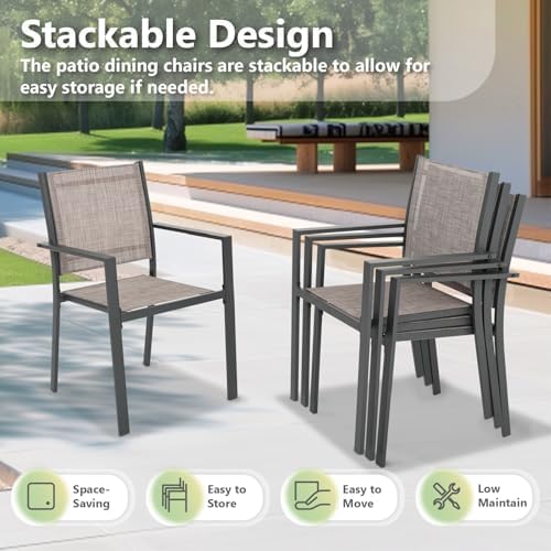 Patio Dining Chairs Set of 6, All-Weather High-Resilience Textilene Outdoor Dining Chair, Heavy-Duty Stackable Minimalist Outdoor Chairs with Armrest, Patio Chairs for Lawn Deck Pool, Brown