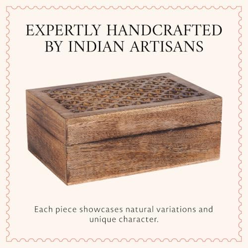 Mela Artisans Trellis Mango Wood Storage Box - Medium Burnt, 9x6 in | Handcrafted keepsake box featuring an easy opening lid to create storage for delicate jewelry or home décor accents.