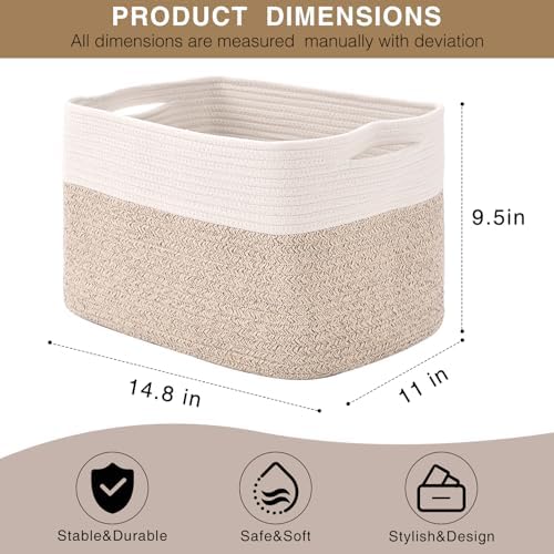 Storage Baskets for Organizing 14.8×11×9.5 Off White & Brown | Woven Storage Bins for Shelves, Toys, Books, Towels, Cotton Rope Basket for Living Room Bathroom Bedroom Nursery, 3 Packs
