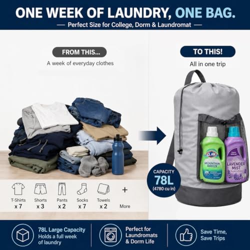 Backpack Laundry Bag, Durable polyster Laundry Backpack Bag with Shoulder Straps, Drawstring Closure & Mesh Pocket, Large Clothes Hamper for Dorm, Travel, Laundromat (Gray)