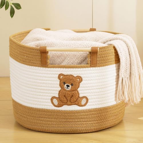 Large Blanket Basket 35L Cotton Rope Baskets with Wooden Handles Woven Baskets for Kids Stuffed Animal Toys Storage for Nursery, Laundry Hamper Clothes Baby Hamper Boys Gift Basket Empty, (Bear）