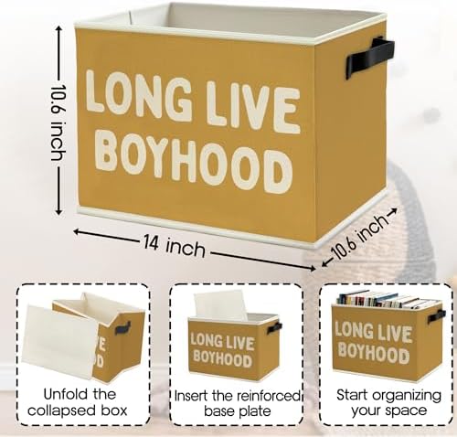 Long Live Boyhood Boys Storage Bins Box with Handles, Yellow Pattern Collapsible Basket Organizer for Kids Teen Boy Nursery Room Bedroom Bathroom Playroom Books Clothes
