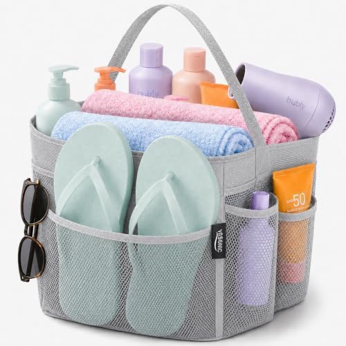 YASONIC Mesh Shower Caddy Portable for Dorm College Room Essentials, 8-Pocket Large Shower Bag with Single Handles, Hanging Shower Basket for Beach, Swimming, Bathroom, Beach, Grey