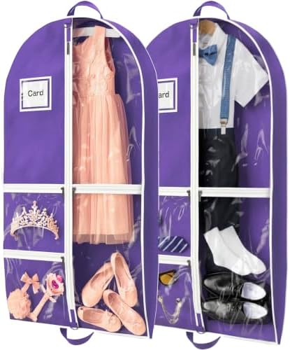 Dance Garment Bag for Hanging Clothes with 3 Zipper Clear Pockets Dance Accessories Essentials Uniform Costume 40 Inch Dress Bags for Dance Competition (Purple White, 2Pack 40")