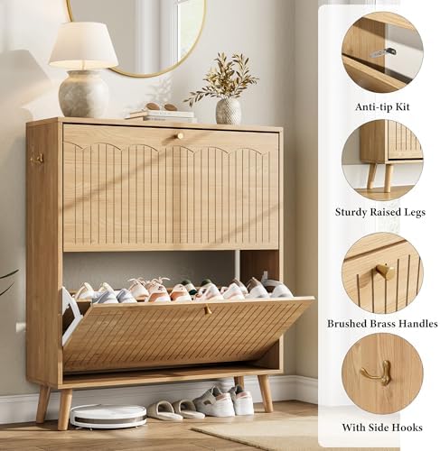 Nicetree Shoe Cabinet Storage for Entryway, 2-Flip Drawer Narrow Shoe Rack with 3-Level Adjustable Shelves, Slim Wood Storage Cabinets for Small Spaces Luminous Natural Oak