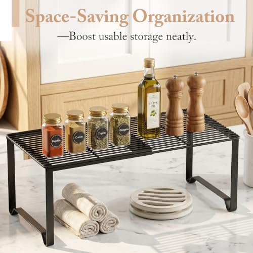 Extendable Metal Wire Shelf Organizer - Adjustable 15-24.4in Length, Stackable Storage Rack for Kitchen/Pantry/Bathroom/Shoe Cabinet/Tool Closet (1,Black)