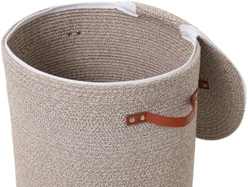 16"x20" Extra Large Cotton Rope Basket with Zipper Lid, Woven Laundry Hamper and Blanket Storage Basket, Round Clothes Bin for Living Room Bedroom, Camel & White Mix
