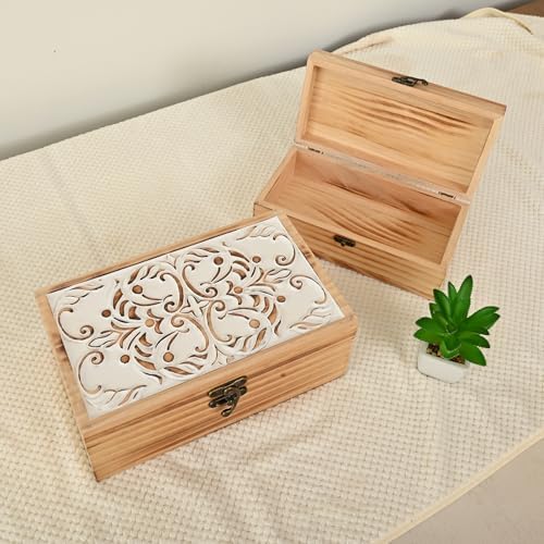 Wooden Storage Box Set of 2 - Hand Carved Floral Decorative Boxes | With Hinged Lids - Solid Pine Keepsake Organizer for Jewelry, Photos, and Rustic Farmhouse Home Décor
