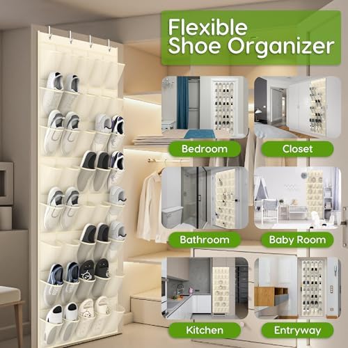 Over the Door Shoe Organizer with 40 Large Breathable Mesh Pockets, Space Saving Shoe Holder, Hanging Shoe Rack for Entryway Bedroom Closet Storage (Beige, 40 Pockets)