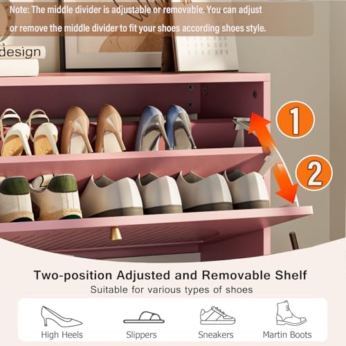 Fsbecl Shoe Storage Cabinet for Entryway with 2 Fluted Flip Drawers, Pink