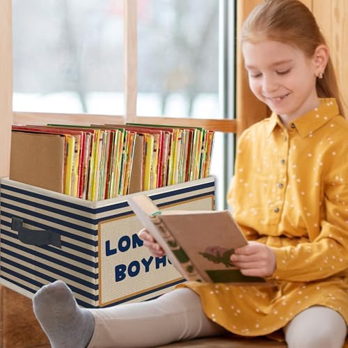 Long Live Boyhood Boys Foldable Storage Bins Box with Handles, Retro Blue Striped Collapsible Toys Books Clothes Organizer Basket for Kids Boy Nursery Room Bedroom Bathroom Playroom