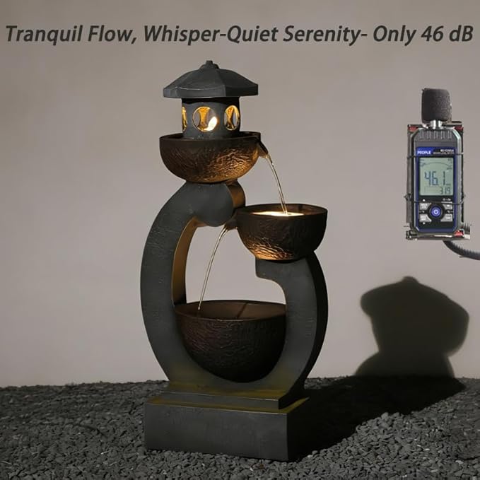 Tankana Outdoor Garden Water Fountain - Modern Tranquil Zen Pagoda Waterfalls Fountains Bowl with LED Lights & Pump for Patio Yard Porch Pool Decor, Gray, 35.5 inches