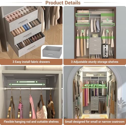 Besiost 4FT Small Closet System with 3 Fabric Drawers, 48'' Closet Organizer System With 3 Adjustable Shelves, Flexible Built-In Clothes Garment Rack for Small Space, 48" L x 13" W x 71" H, Grey
