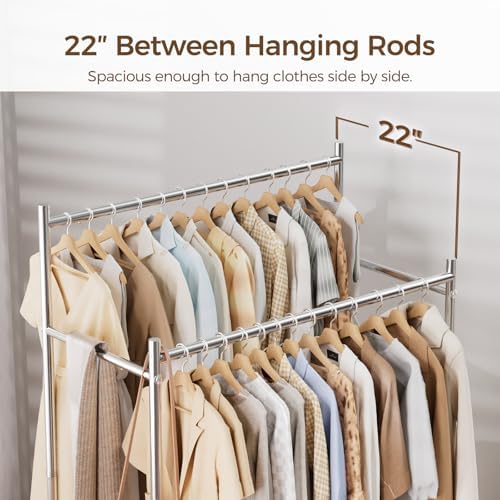 HYSEYY Clothes Rack,Double Rods Rolling Clothing Rack for Hanging Clothes load 400LBS,Portable Garment Coat Rack with Wheels Wardrobe Closet for Bedroom Laundry Room,Retail Store,Silver