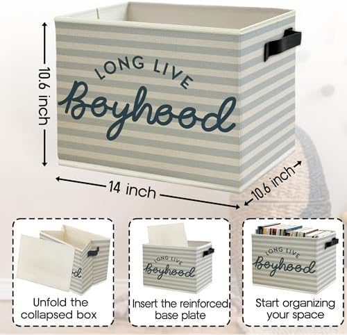 Long Live Boyhood Boys Storage Bins Box with Handles, Light Blue Striped Collapsible Basket Organizer for Kids Boy Nursery Room Bedroom Bathroom Playroom Books Clothes