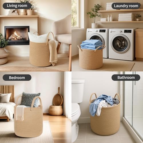 ShellKingdom Laundry Basket, Large Natural Rope Woven Storage Basket with Handles for Home, Living Room, Laundry, Storage Organizer for Blankets, Clothes, Plant, Toys, 19.7 x 14.96 INCH (Jute)