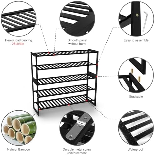Jripae 5 Tier 32.5*10.5*30.3in Bamboo Shoe Rack for Closet Entryway Bedroom