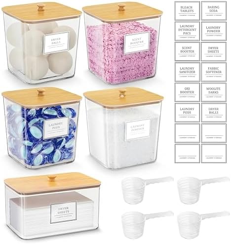 FUSHITON Laundry Pods Storage Container, 4+1 Set Clear Storage Bins with Bamboo Lids for Detergent Pods, Scent Beads & Dryer Sheets, Includes 16 Labels and 3 Measuring Scoops
