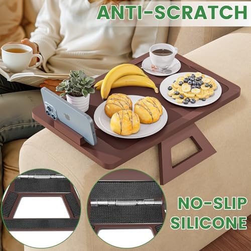 Youpehom Bamboo Sofa Tray,Couch Arm Table, Clip-On Armrest Tray Table for Wide Couch Foldable Tray with 360° Phone Holder Couch Arm Tray for Eating/Drinks/Snacks/Remote，2 Pack