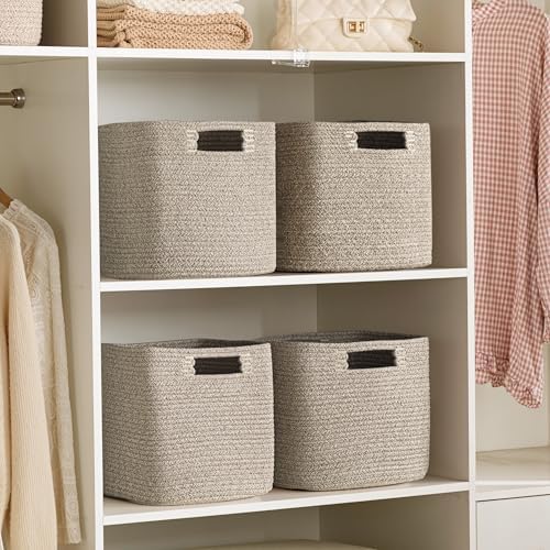 UBBCARE Storage Cubes 11 Inch, Cotton Rope Woven Baskets for Organizing, Cube Storage Bin for Baby Nursery, 4-Pack Square Storage Baskets for Shleves Organizer, Closet, Kidsroom, All Browm