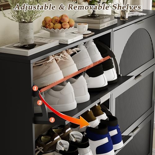 Shoe Storage Cabinet with 6 Flip Drawers, Narrow Wood Shoe Organizer Cabinet with Fluted Panel, Slim Shoe Rack for Entryway, Freestanding Shoe Cabinet for Living Room, Hallway, Black