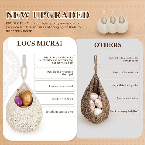 Hanging Fruit Baskets for Kitchen - 6 Pack Boho Wall Hanging Basket,Handwoven Wall Fruits Basket,for Garlic Potato Vegetable Onion Teardrop Home Hanging Storage Baskets(White Classic）