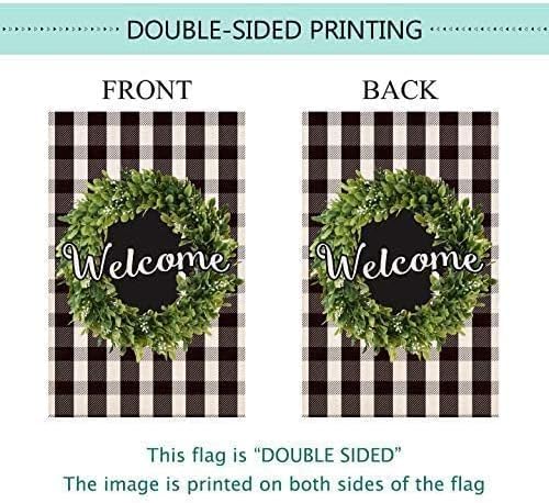 Baccessor Boxwood Wreath Welcome Garden Flag Double Sided, Buffalo Plaid Check Spring Yard Flag Burlap, Small Farmhouse Rustic Flags for Outdoor Outside Decor 12.5 X 18 Inch