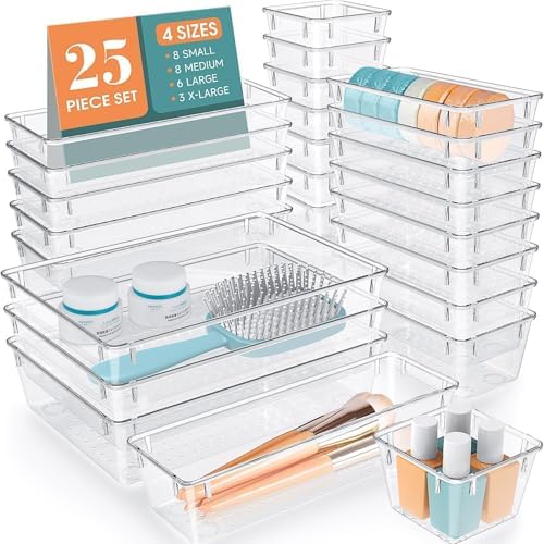 25 PCS Drawer Organizer Set, 5 Size Bathroom and kitchen organizer Trays | Bathroom and kitchen Drawer cabinet organizer Trays, Clear Storage Bins for Makeup, Jewelry, Utensils and Gadgets