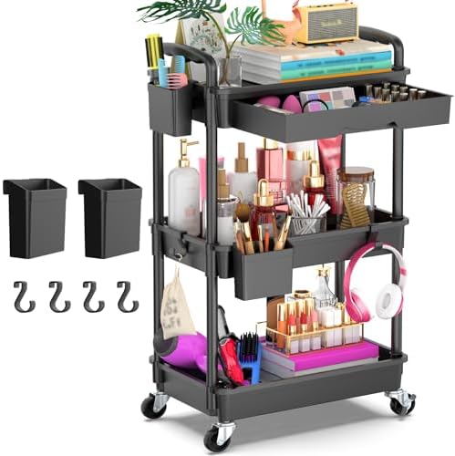 Goovilla 3 Tier Rolling Utility Cart Organizer with Removable Drawer, Black | Stable and Sturdy Rolling Storage Carts with 2 Lockable Wheels for Bathroom, Kitchen, Snack, Craft, Makeup, Baby Essentials