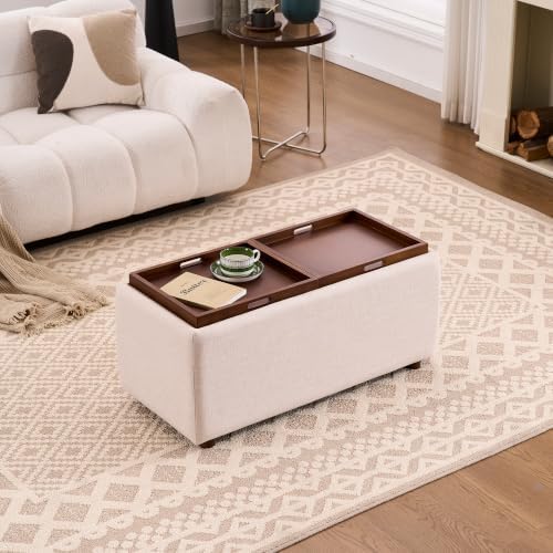 35" Linen Rectangle Storage Ottoman Coffee Table with Tray, Beige