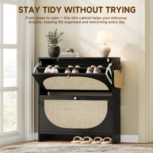 Nicetree Shoe Organizer for Entryway, Slim Shoe Rack with 2 Flip Drawers, Modern Boho Rattan Shoe Cabinet Storage for Entryway, Narrow Shoe Cabinet with Adjustable Shelves for Small Spaces, Black
