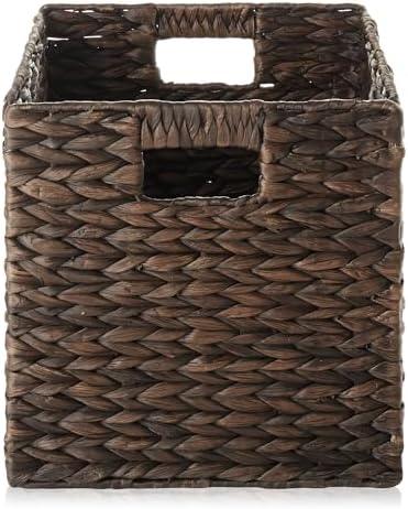 Casafield 10.5" x 10.5" Water Hyacinth Storage Baskets, Espresso - Set of 2 Collapsible Cube Organizers, Woven Bins for Bathroom, Bedroom, Laundry, Pantry, Shelves