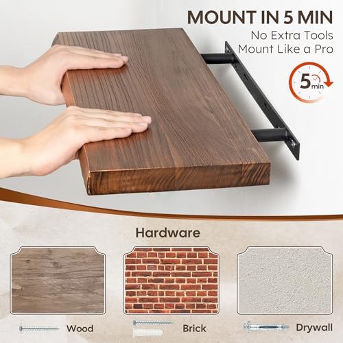 36" Live Edge Floating Shelves Set of 2, Solid Elm Wood, Vintage