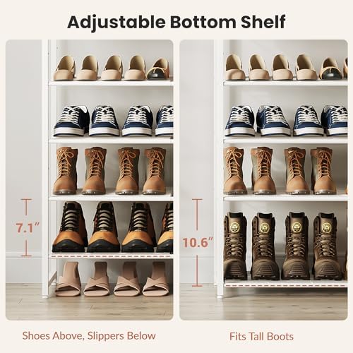 10 Tier Shoe Rack Organizer for 40-50 Pairs, Tall Metal Shoe Storage Shelf with Wood Top, Adjustable Boot Space, Narrow Design for Entryway Closet,White