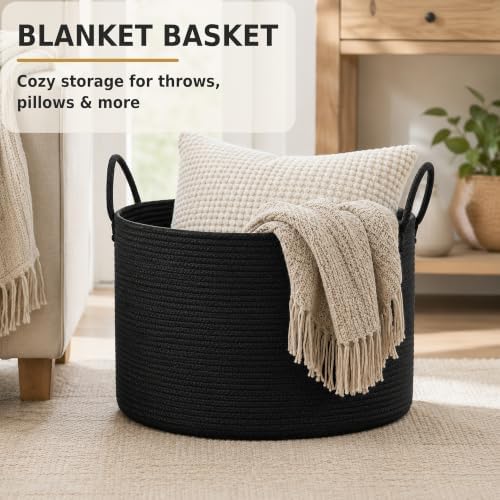 XUANGUO 66L Large Blanket Basket, Round Cotton Rope Basket, Black
