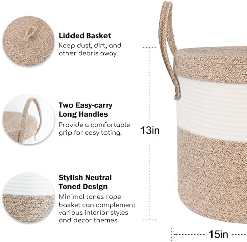 15”x13” Large Storage Basket with Lid, Blanket Basket Living Room, Woven Cotton Rope Baskets for Storage, Kids Toy Storage Bin, Tall Wicker Laundry Basket, Blankets Pillows Organizer Holder
