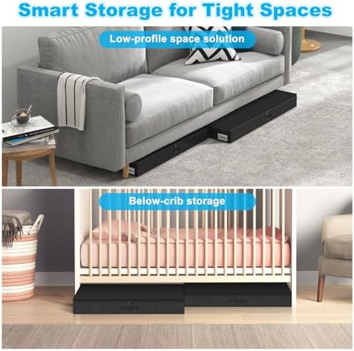 Under Bed Storage Container Bins 2 Pack, 5 Inch Thin Low Profile Underbed Clothes Storage Organizer for Dorm & Home, Use for Blanket and Toy Storage Box W/ Sturdy Bottom/Sides, Foldable Thick Fabric