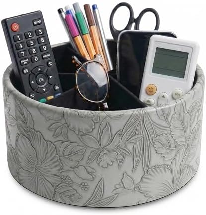 Remote Control Holder, 360°Spinning PU Leather Desk TV Remote Caddy,Desk Storage Box Room Accessories for Controller, Media,Mail,Calculator, Mobile Phone,Pencil(1-Carved Grey)
