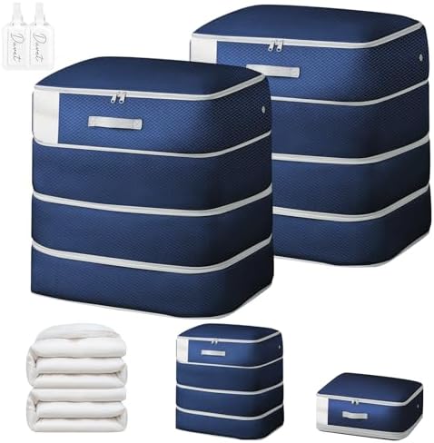 Comforter Storage Bag - Large Capacity Blanket Storage Bags 4-Layer Ultra Space Saving Self Compression Organizer, Washable Compression Bags for Storage Comforter Blanket, 2-Pack, Navy Blue