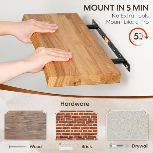 24" Floating Shelves Set of 2, Solid Elm Wood, Natural Live Edge