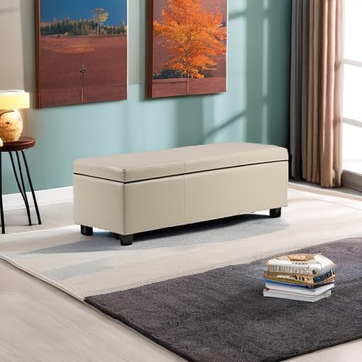 SIMPLIHOME Avalon 48" Wide Vegan Leather Storage Ottoman in Satin Cream | Contemporary lift-top ottoman with high-density foam; rectangle storage bench or coffee table for living room or entryway.