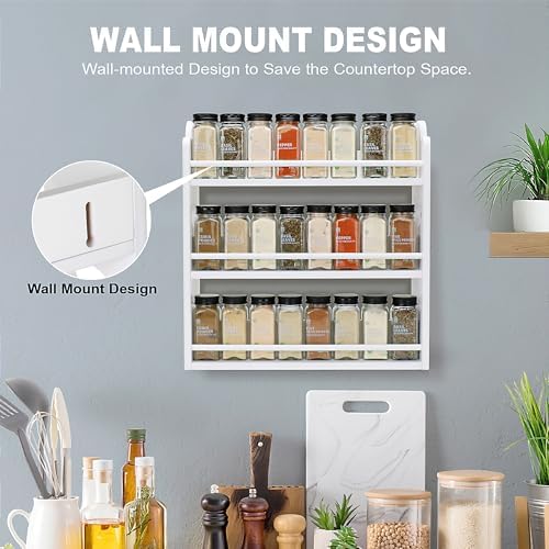 3-Tier Bamboo Spice Rack, Wall Mount & Countertop Spice Organizer | Seasoning Jars Rack Shelf Spice Organizer for Kitchen, Spice Storage Holder with handles, Front and Rear Protective Design