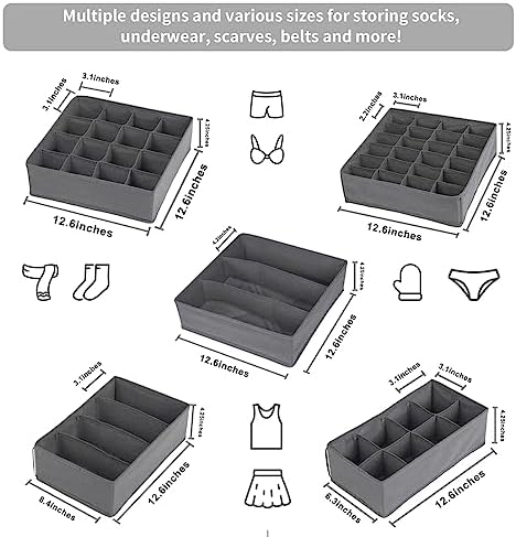 Lourome Underwear Drawer Organizer, 5-Pack, for Socks, Bras, Tie, Grey