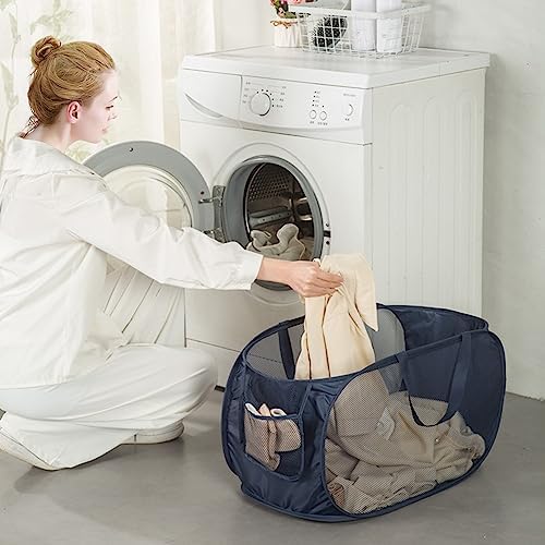 Sturdy Mesh Laundry Hamper Basket Bag,collapsible Pop up for Laundry Room | Folding Foldable Baskets with Side Pocket Travel Clothes Organizer for Bathroom,Kids Room,College Dorm (Horizontal,Beige)