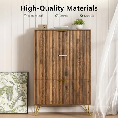 48" H Fluted Shoe Storage Cabinet with 3 Flip Drawers for Entryway, Walnut ☞Hidden Shoe Cabinet Storage, Narrow Free Standing Shoe Organizer, Shoe Rack Cabinet for Foyer Hallway