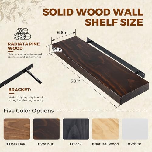 30x6.8x1.7in Solid Wood Floating Wall Shelf Set of 2 Walnut Finish
