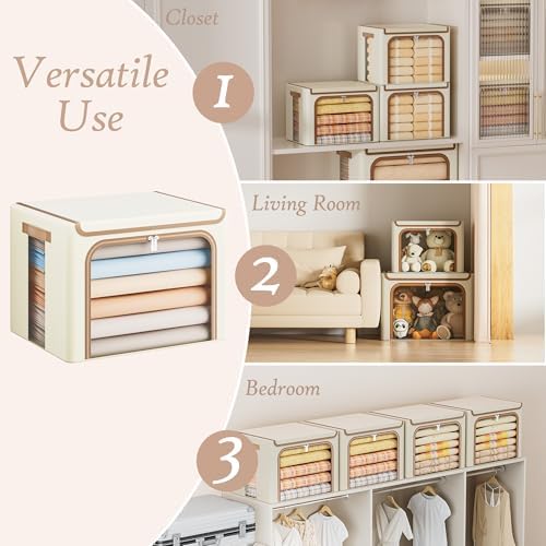 Yecaye Clothes Storage Bins with Lids & Clear Window, Beige, 40L, 3 Pack